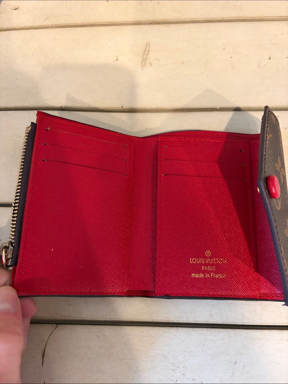 Brown Monogram Compact Wallet with Red Accent - Picture 3 of 4